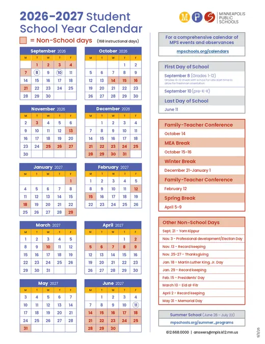 Minneapolis Public Schools 2026–2027 Academic Calendar Page 1
