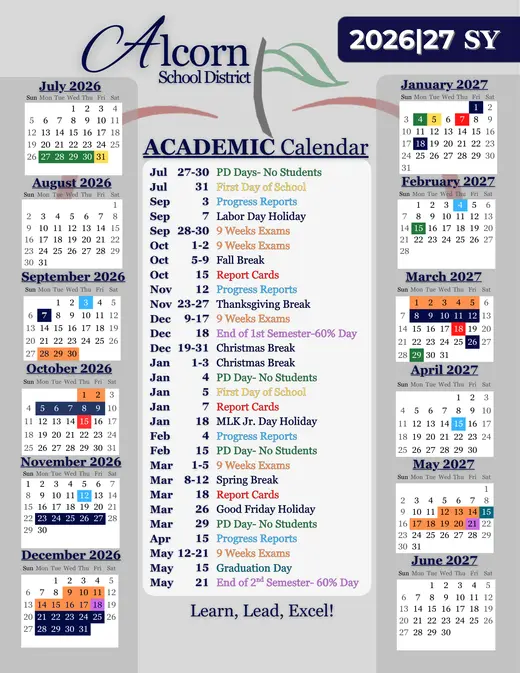 Alcorn School District 2026–2027 Academic Calendar Page 1