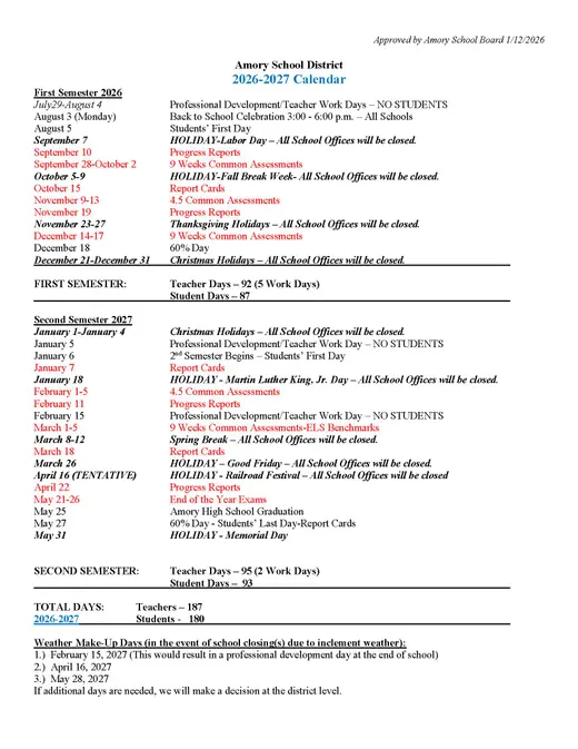 Amory School District 2026–2027 Academic Calendar Page 1