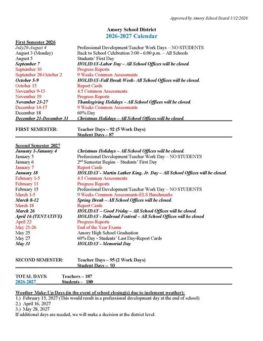 Amory School District 2026–2027 Academic Calendar Page 2