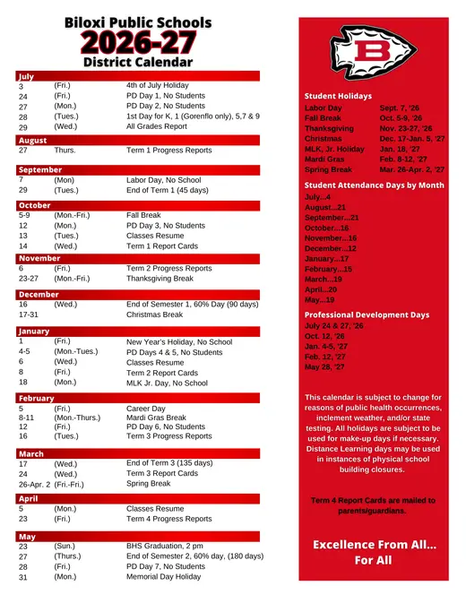 Biloxi Public Schools 2026–2027 Academic Calendar