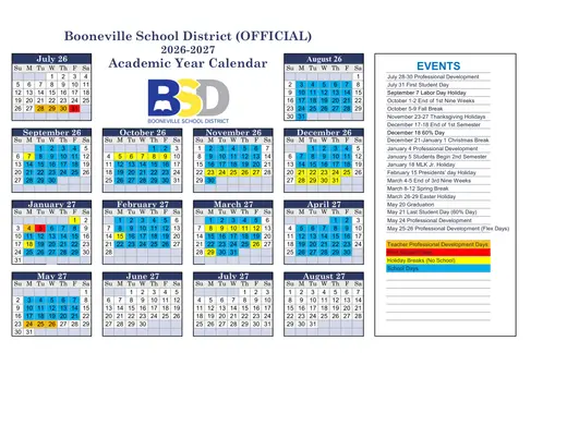 Booneville School District 2026–2027 Academic Calendar
