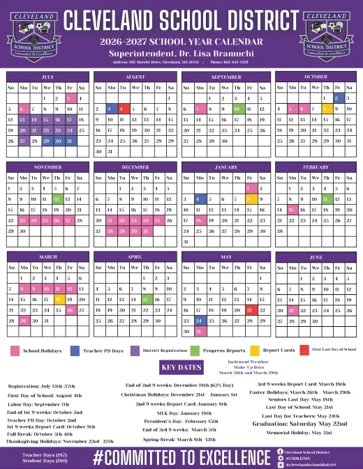 Cleveland School District 2026–2027 Academic Calendar Page 1