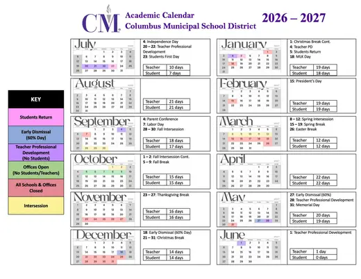 Columbus Municipal School District 2026–2027 Academic Calendar