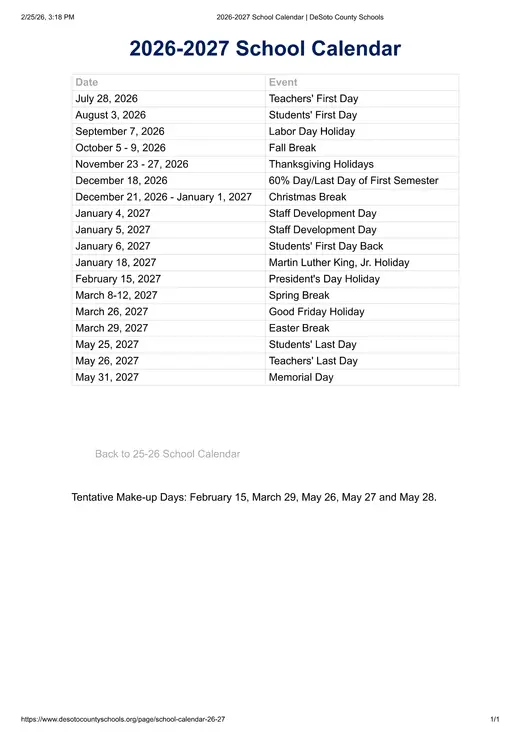 DeSoto County Schools 2026–2027 Academic Calendar