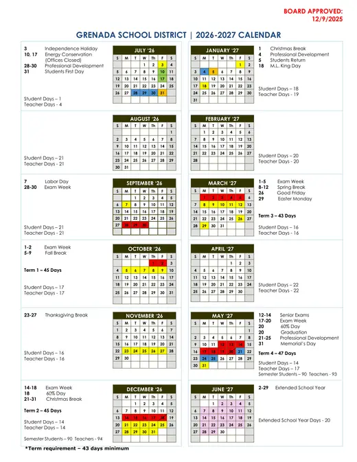 Grenada School District 2026–2027 Academic Calendar