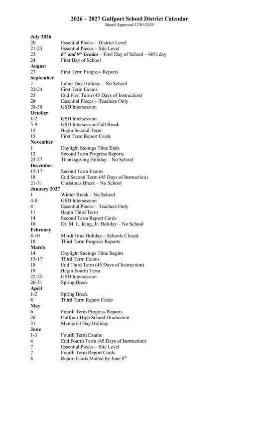 Gulfport School District 2026–2027 Academic Calendar Page 1