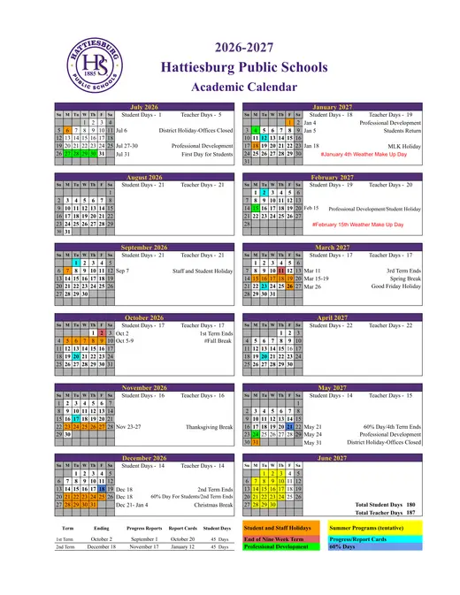Hattiesburg Public Schools 2026–2027 Academic Calendar Page 1