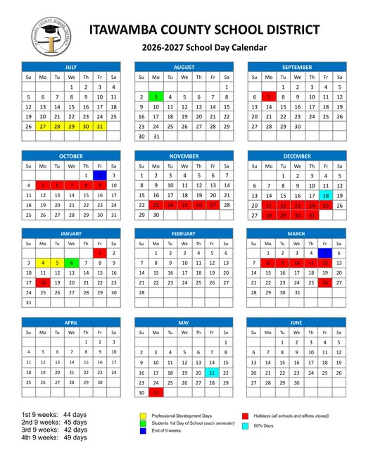 Itawamba County School District 2026–2027 Academic Calendar