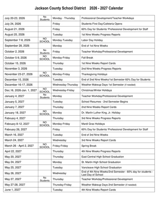 Jackson County School District 2026–2027 Academic Calendar