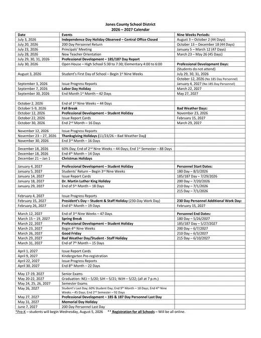 Jones County School District 2026–2027 Academic Calendar