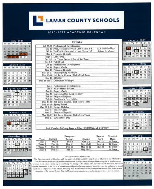 Lamar County School District 2026–2027 Academic Calendar Page 2