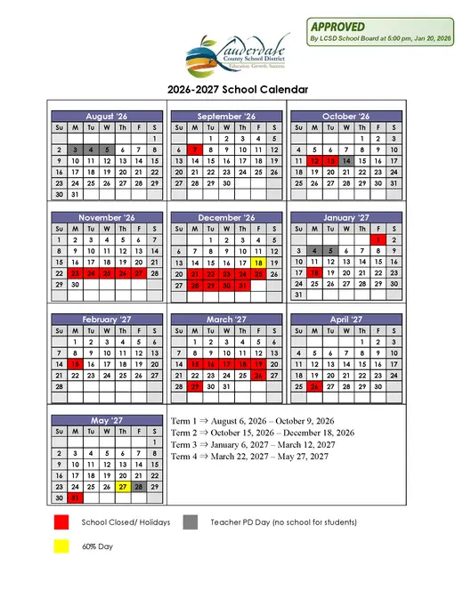 Lauderdale County School District 2026–2027 Academic Calendar Page 2