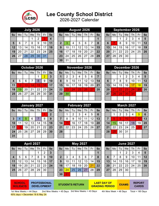 Lee County School District 2026–2027 Academic Calendar Page 1