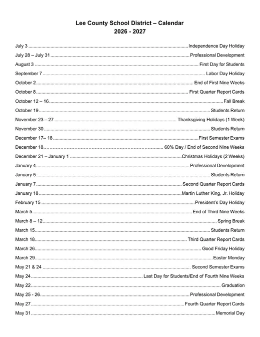 Lee County School District 2026–2027 Academic Calendar Page 2