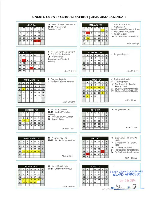 Lincoln County School District 2026–2027 Academic Calendar