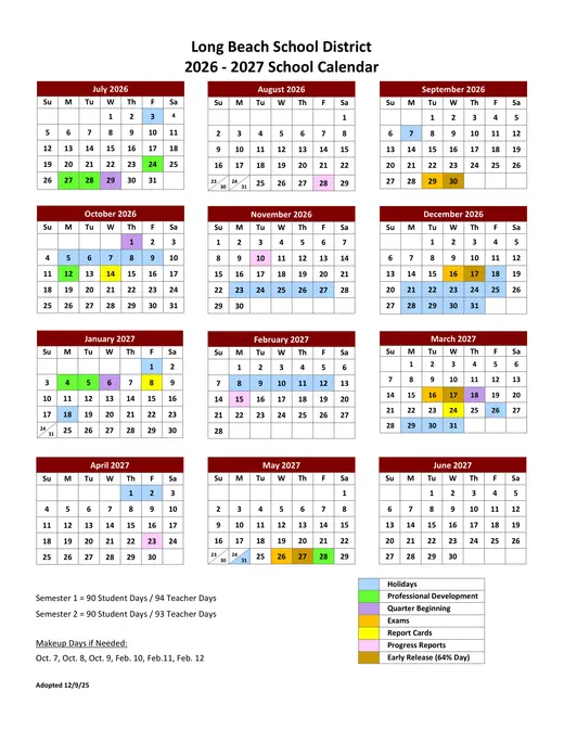 Long Beach School District 2026–2027 Academic Calendar