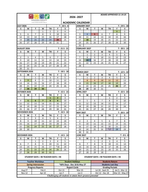 Lowndes County School District 2026–2027 Academic Calendar