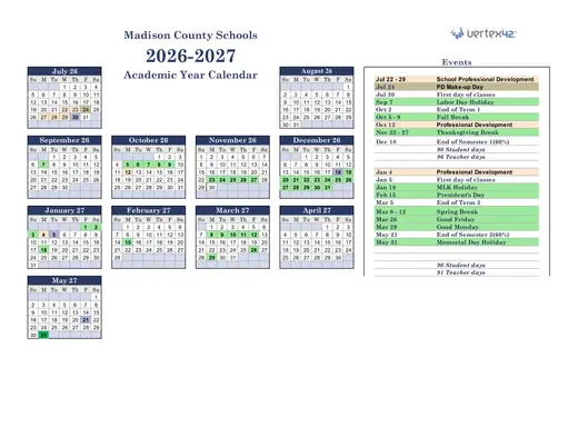Madison County Schools 2026–2027 Academic Calendar