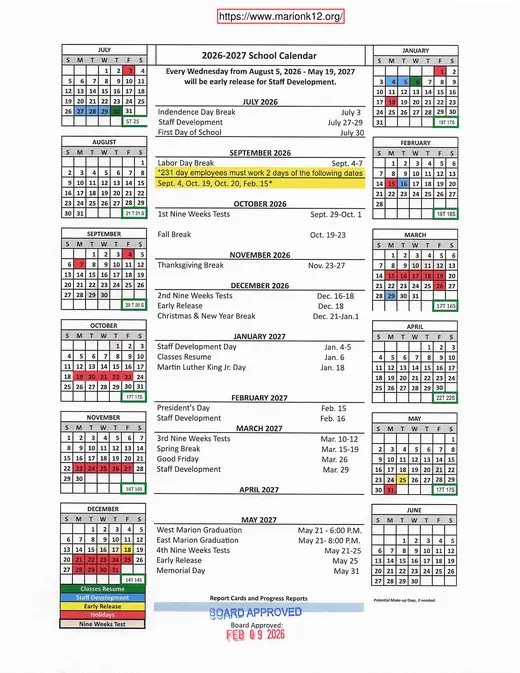 Marion County School District 2026–2027 Academic Calendar