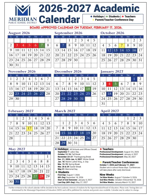 Meridian Public School District 2026–2027 Academic Calendar Page 1