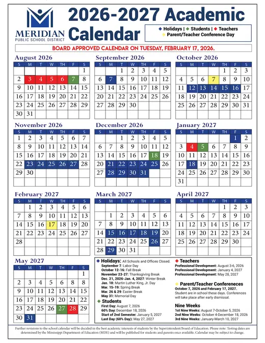 Meridian Public School District 2026–2027 Academic Calendar Page 2