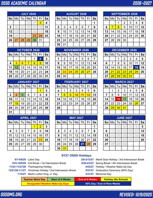 Ocean Springs School District 2026–2027 Academic Calendar Page 1