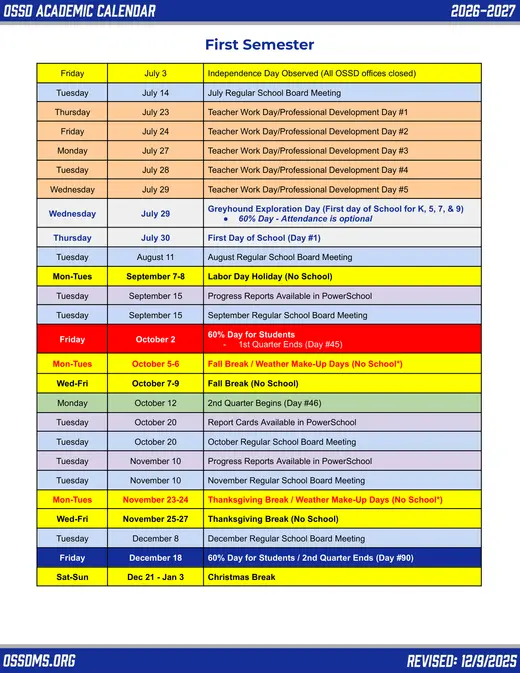 Ocean Springs School District 2026–2027 Academic Calendar Page 2