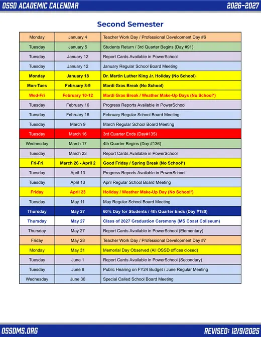 Ocean Springs School District 2026–2027 Academic Calendar Page 3