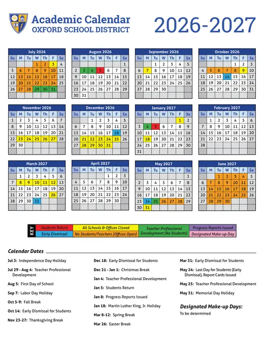 Oxford School District 2026–2027 Academic Calendar