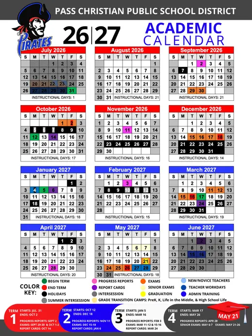 Pass Christian Public School District 2026–2027 Academic Calendar Page 1