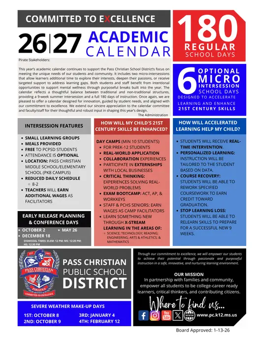 Pass Christian Public School District 2026–2027 Academic Calendar Page 2
