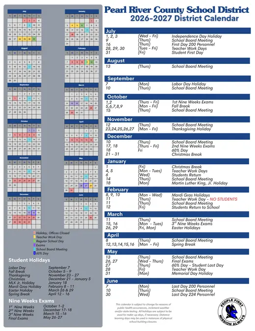 Pearl River County School District 2026–2027 Academic Calendar