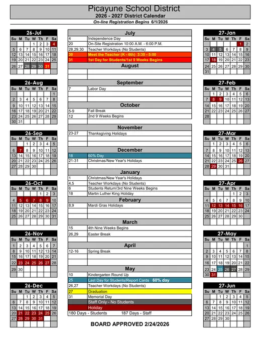 Picayune School District 2026–2027 Academic Calendar