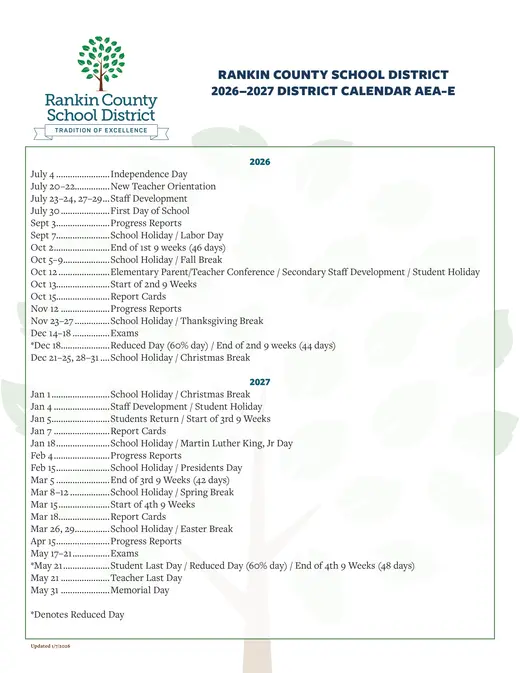 Rankin County School District 2026–2027 Academic Calendar