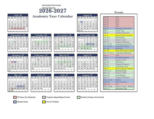 Senatobia Municipal School District 2026–2027 Academic Calendar Page 1