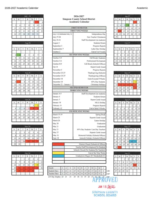 Simpson County School District 2026–2027 Academic Calendar