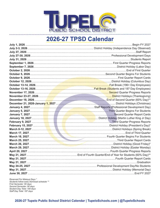 Tupelo Public School District 2026–2027 Academic Calendar