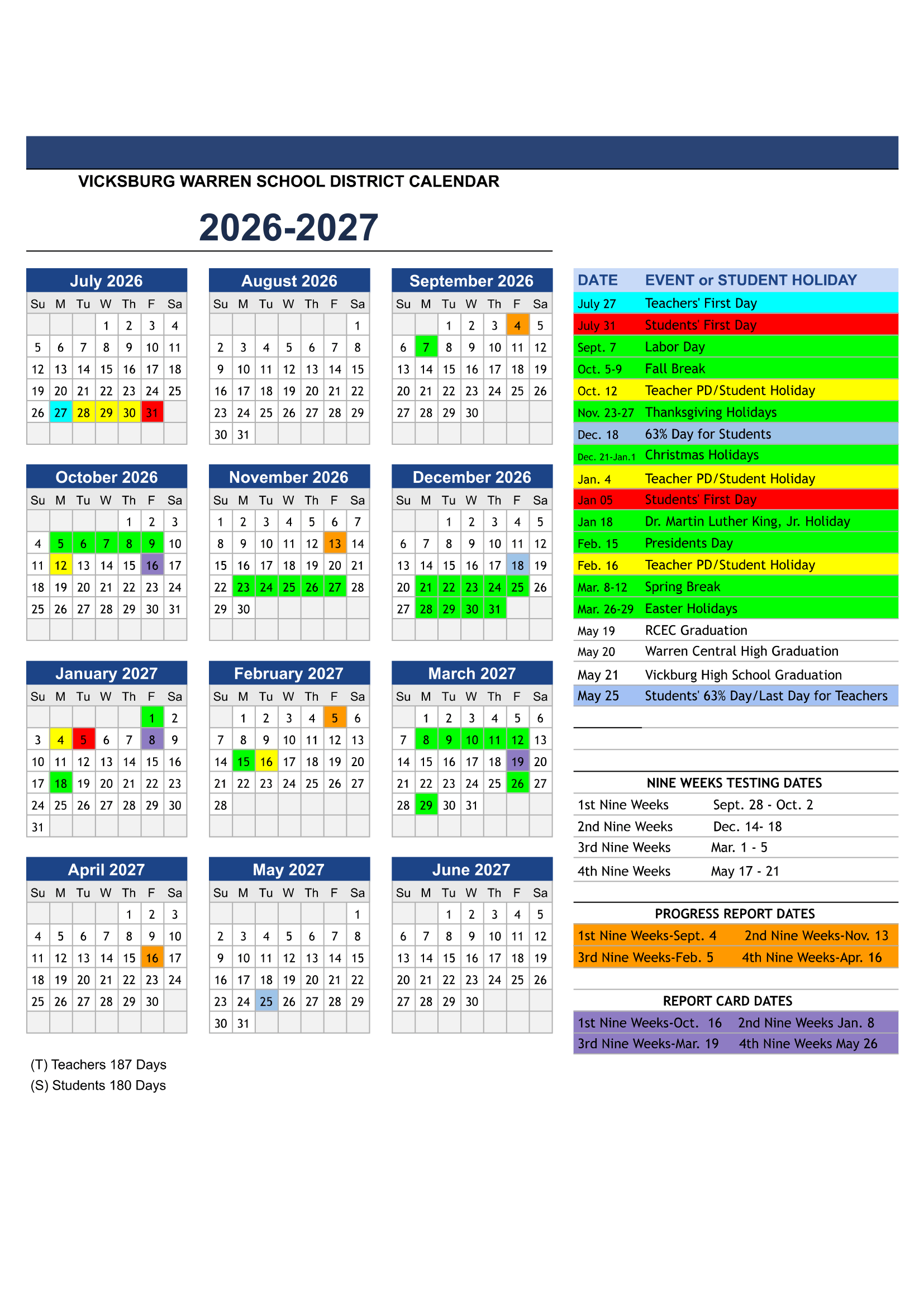 Vicksburg Warren School District VWSD Calendar 26-27 | CalendarStates.com