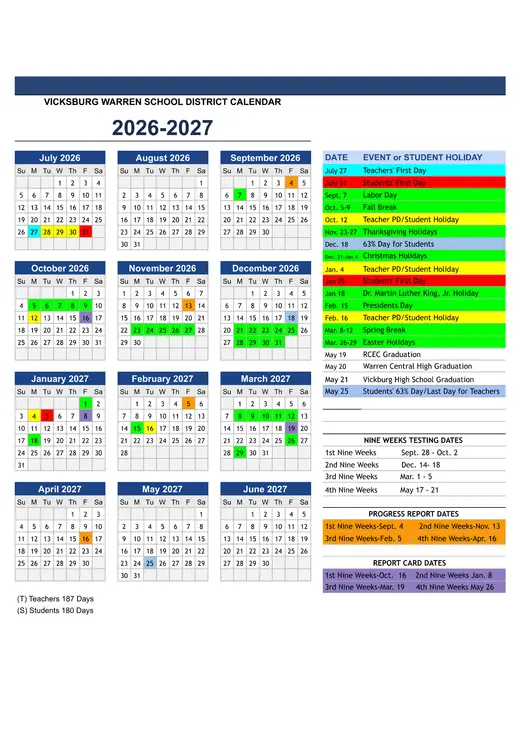 Vicksburg Warren School District 2026–2027 Academic Calendar