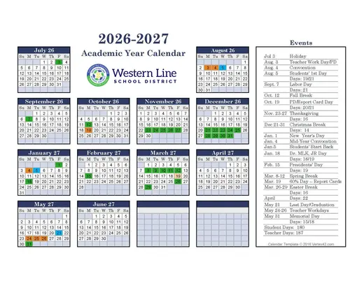Western Line School District 2026–2027 Academic Calendar Page 2