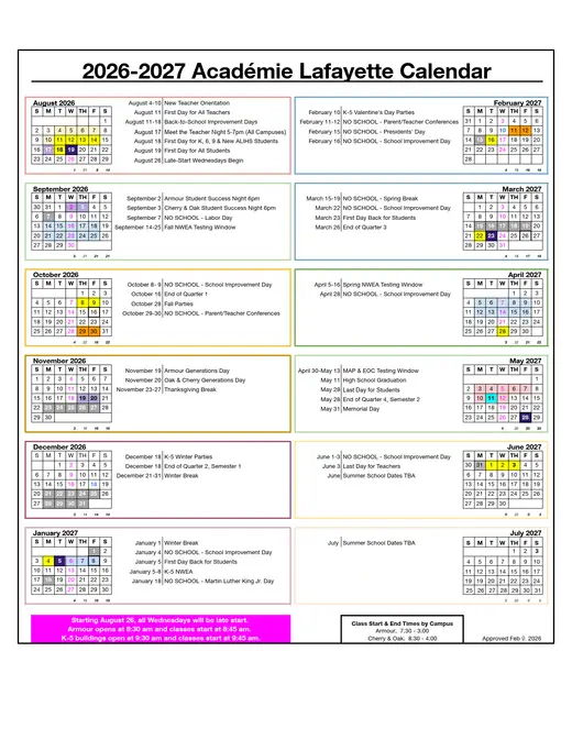 Académie Lafayette 2026–2027 Academic Calendar Page 1