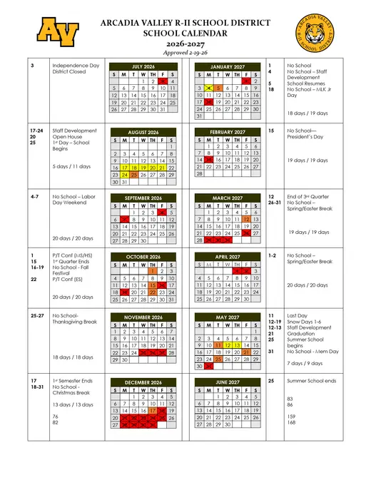 Arcadia Valley R-II School District 2026–2027 Academic Calendar Page 1