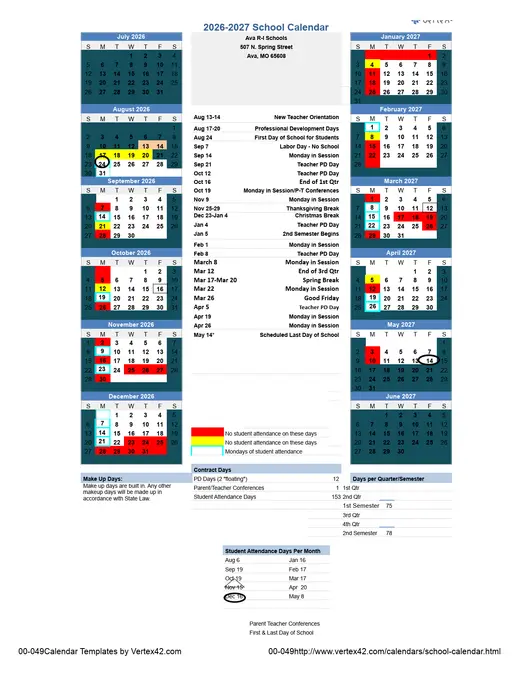 Ava R-I Schools 2026–2027 Academic Calendar Page 1