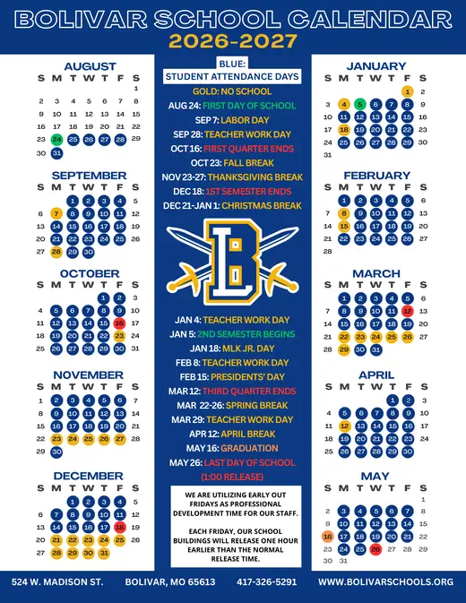 Bolivar School 2026–2027 Academic Calendar