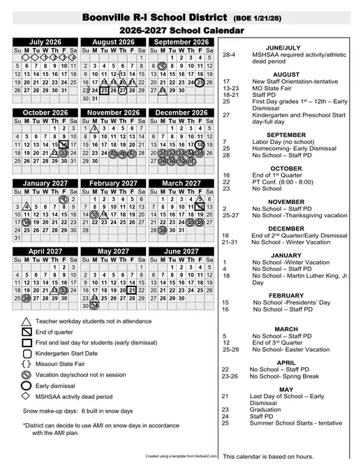 Boonville R-I School District 2026–2027 Academic Calendar Page 1