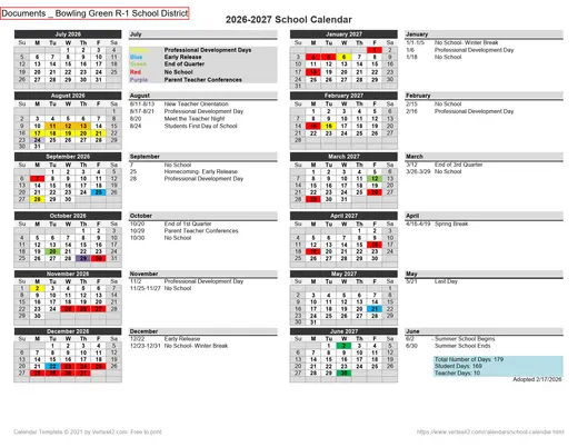 Bowling Green R-1 School District 2026–2027 Academic Calendar Page 1
