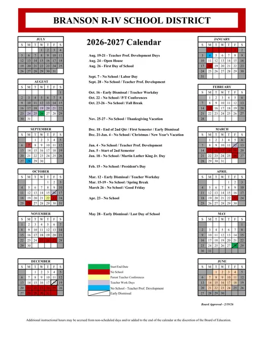 Branson R-IV School District 2026–2027 Academic Calendar
