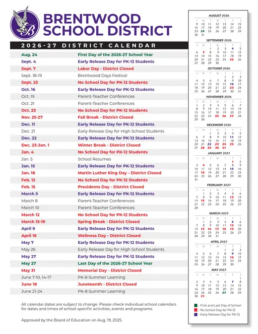 Brentwood School District 2026–2027 Academic Calendar Page 1
