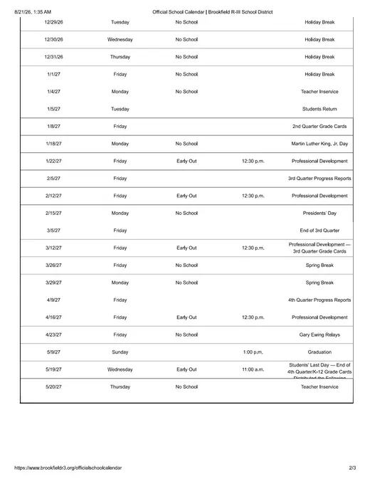 Brookfield R-III School District 2026–2027 Academic Calendar Page 2